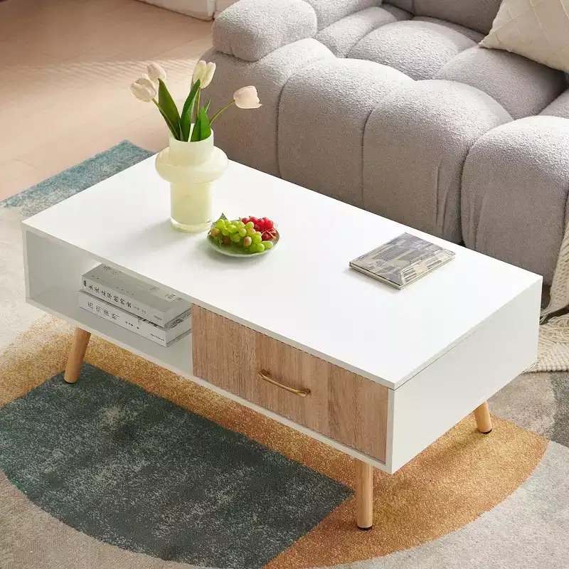 White Rectangle Coffee Table with Sliding Drawer for Storage