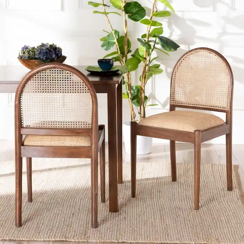 Modern Bohemian Natural Rattan & Acacia Wood Dining Chair Set of 2, Foam-Padded Seat, Indonesia