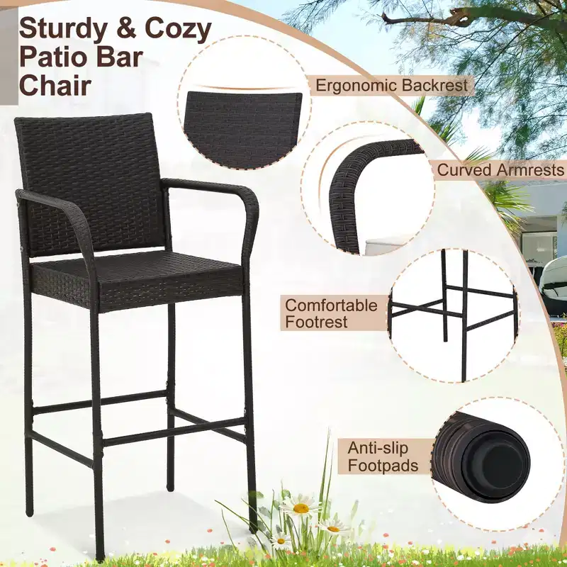 Costway 2PCS Patio PE Wicker Bar Chairs Counter HeightBarstools with Armrests &Cushions