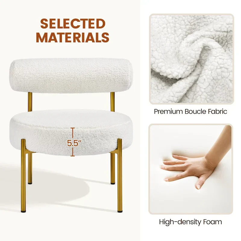 Yaheetech Boucle Gold Metal Legs Accent Chair With Round Padded Seat, White - 252326