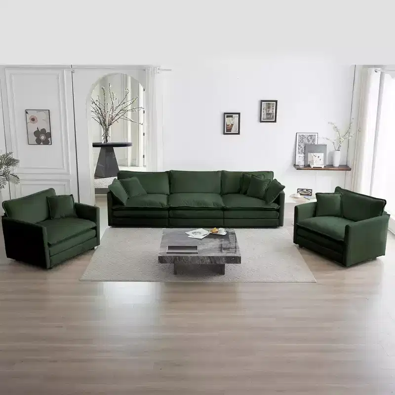 3 Piece Sofa Set Living Room Sofa Accent Chair Loveseat and Three Seat Sofa Green Chenille