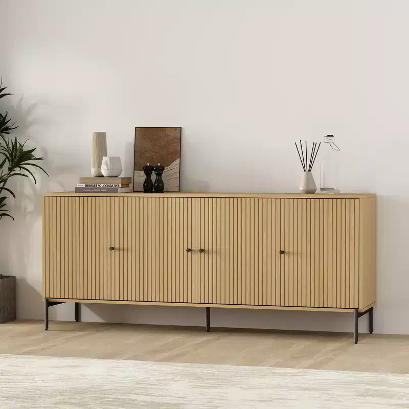 Modern Slatted Door Sideboard with Adjustable Shelves and Metal Legs