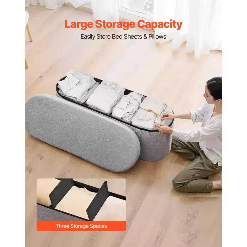 Oval Foldable Storage Ottoman Bench – Gray Teddy Fleece, 660 lb, 3-Compartment, 43
