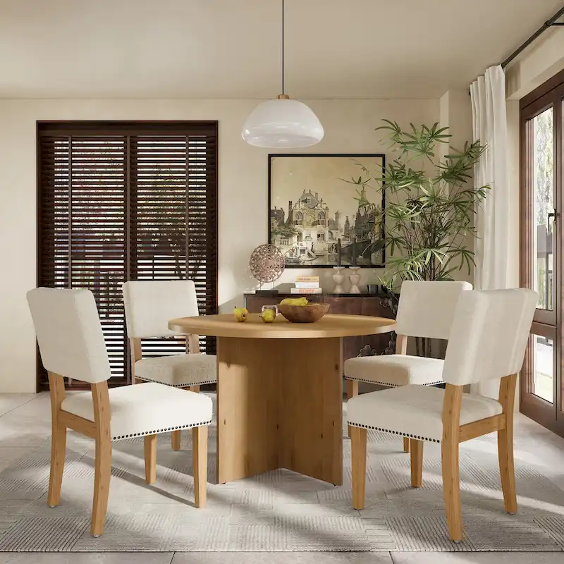 4 People Round Dining Table Set, 5 Piece Kitchen Table Set with Round Dining Table and 4 Upholstered Dining Chairs