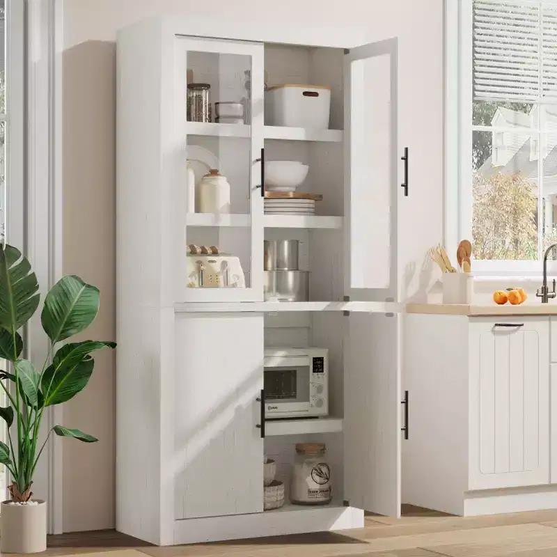 Coolmee Tall Kitchen Pantry, Storage Cabinet with 2 Doors & Adjustable Shelves, Pantry Cupboard & Large Storage Space for Dining & Living Room