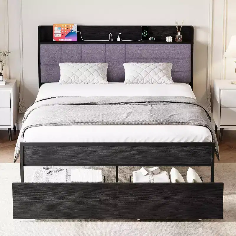 Acekool Queen Bed Frame with Storage Drawers, Upholstered Headboard, Metal Platform, Charging Station, 2-Tier Shelf, Black