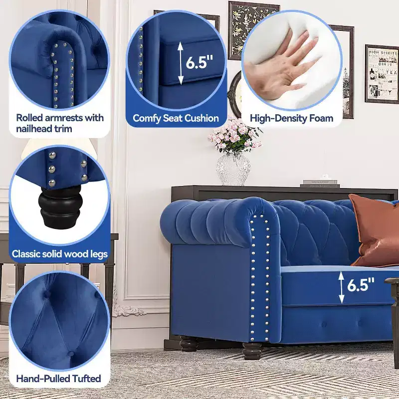 Velvet Chesterfield Chair for Living Room Accent Armhair with Deep Cushion in Blue