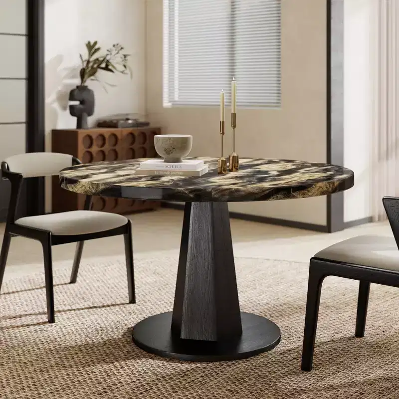 Modern Faux Marble Round Dining Table with Pedestal Base, Seats 4, 47.5 in