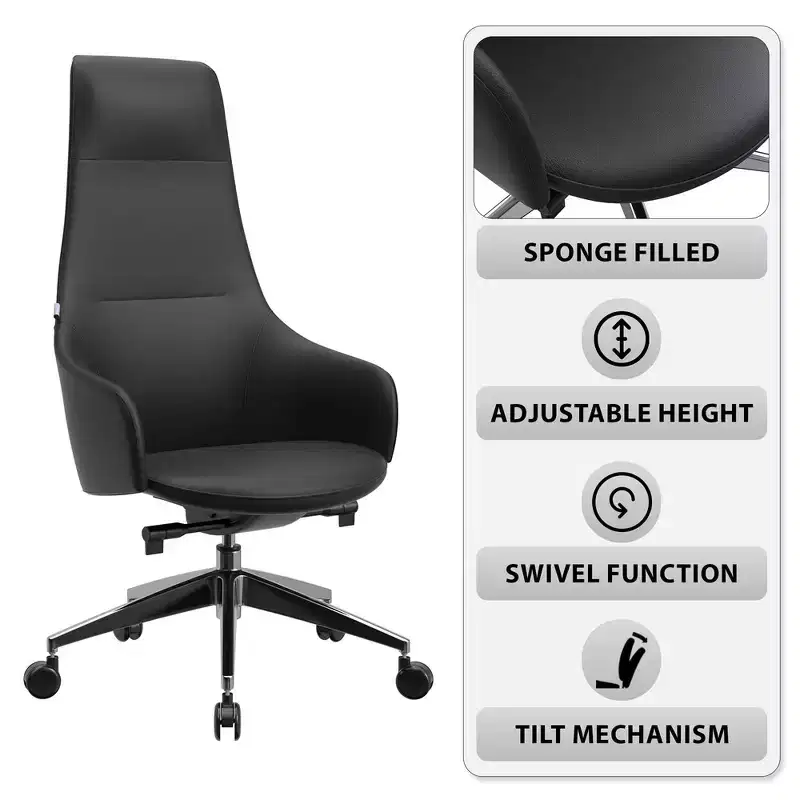 LeisureMod Celeste High-Back Leather Office Chair with Headrest - Modern Iron Frame Swivel & Tilt Executive Desk Chair