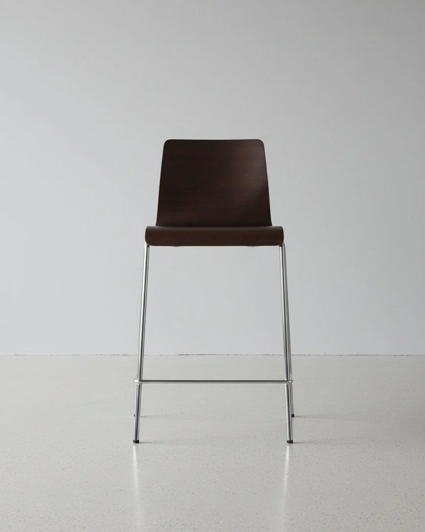 Modern Walnut Wood Counter Stool with Chrome Sled Legs for Kitchen