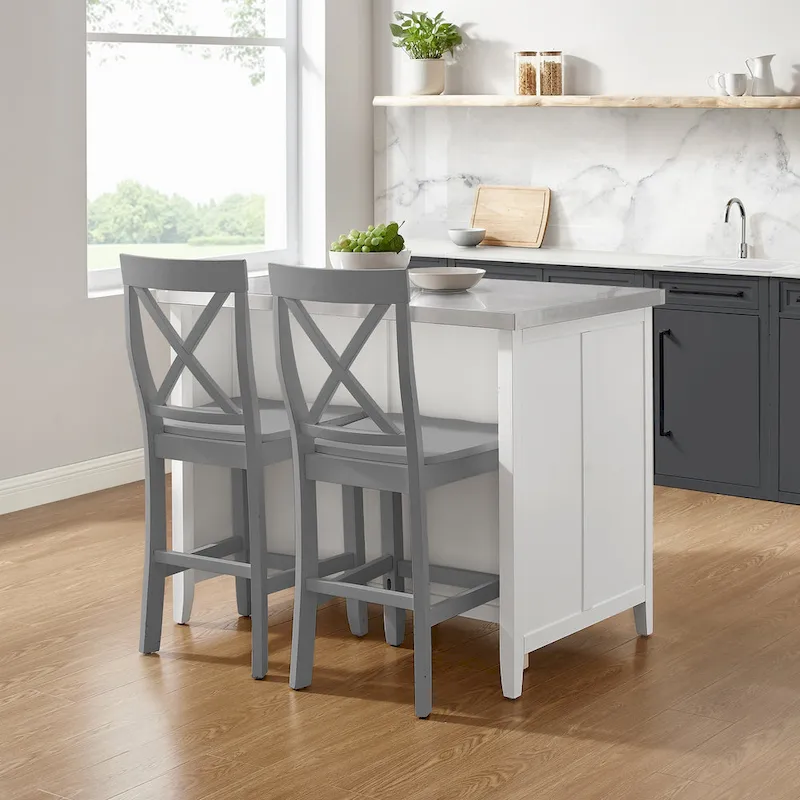 Crosley Silvia Stainless Steel Top Kitchen Island W/X-Back Stools - 57d x 46w x 41h