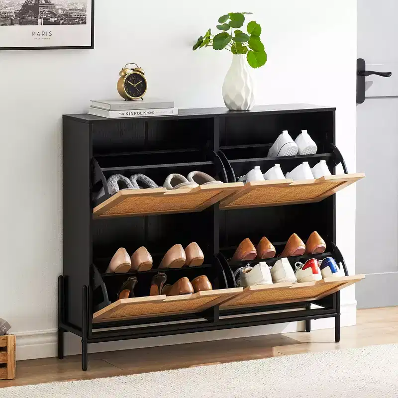 Shoe Cabinet, Natural Rattan Narrow Shoe Storage Organizer Cabinet With 4 Flip Drawers, Freestanding Shoe Rack With Metal Legs for Entryway