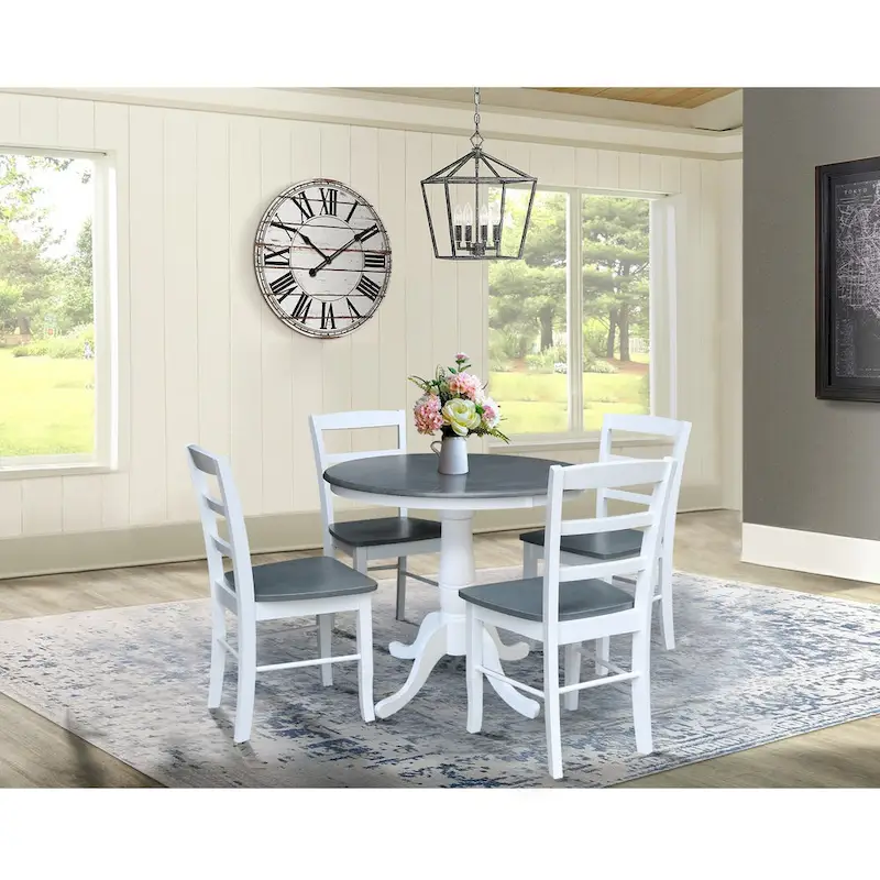 International Concepts Solid Wood 36 Round Pedestal Dining Table with 4 Madrid Ladderback Chairs