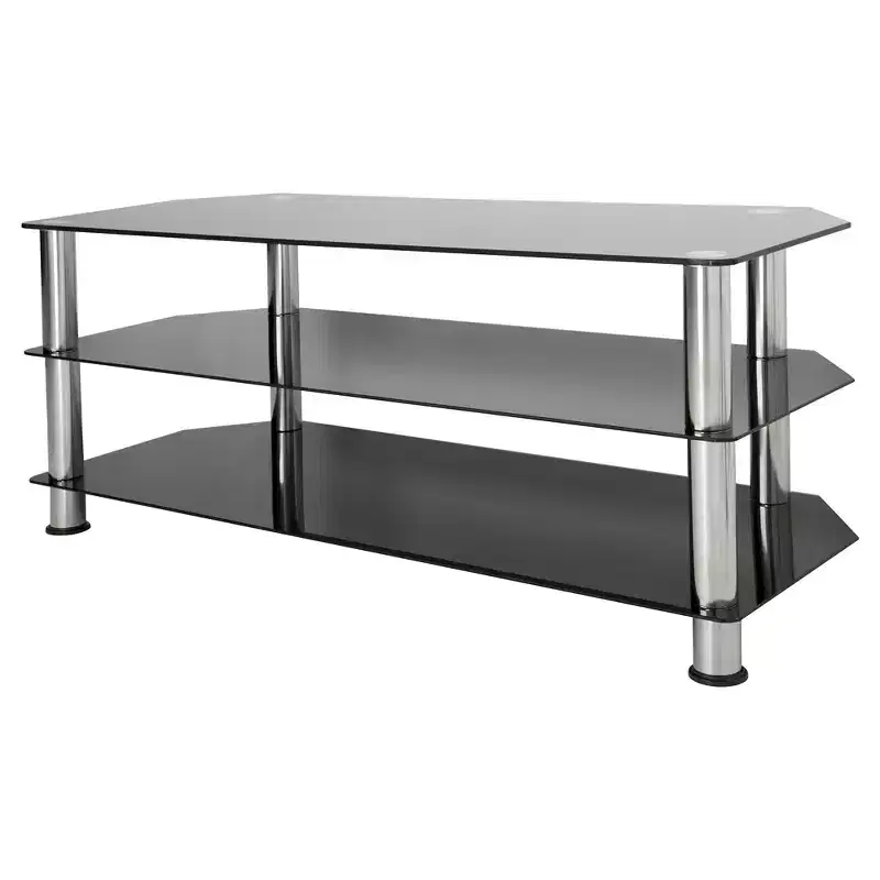 Glass Shelves TV Stand for TVs up to 55 - Silver/Black: Chrome Legs, Corner Fit, Open Design