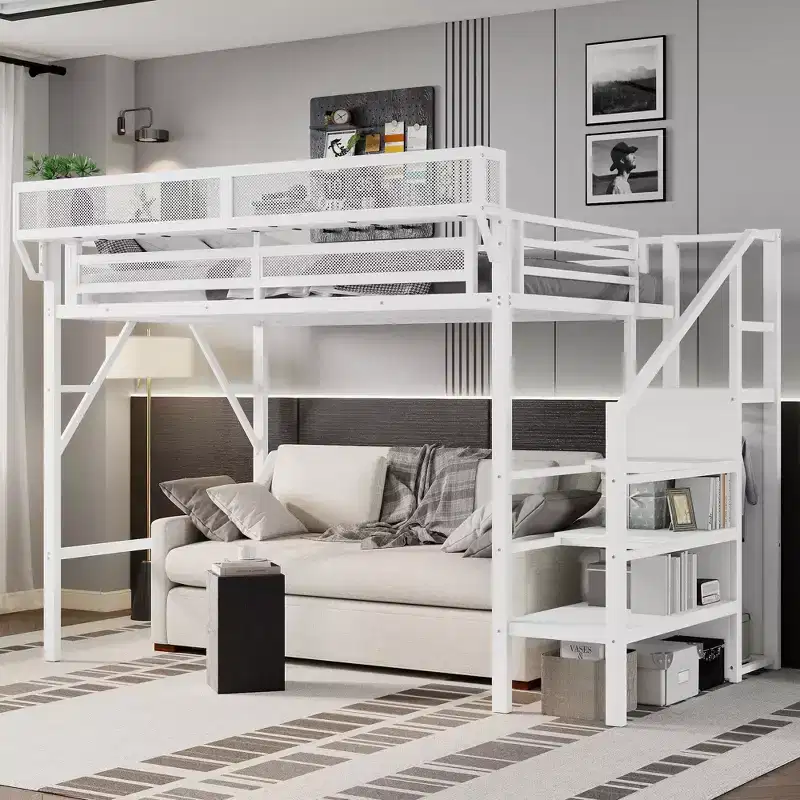 Twin XL Metal Loft Bed with Stairs, Storage Shelves and Wardrobe