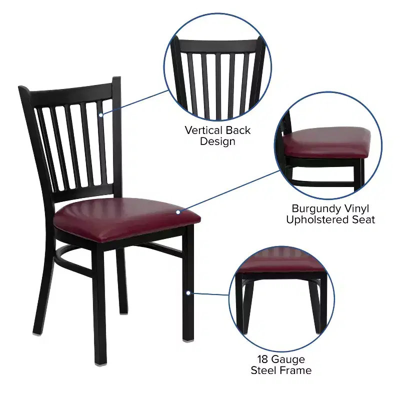 Black Metal Frame Vertical Back Dining Chair – Vinyl or Wood Seat, Seats 1