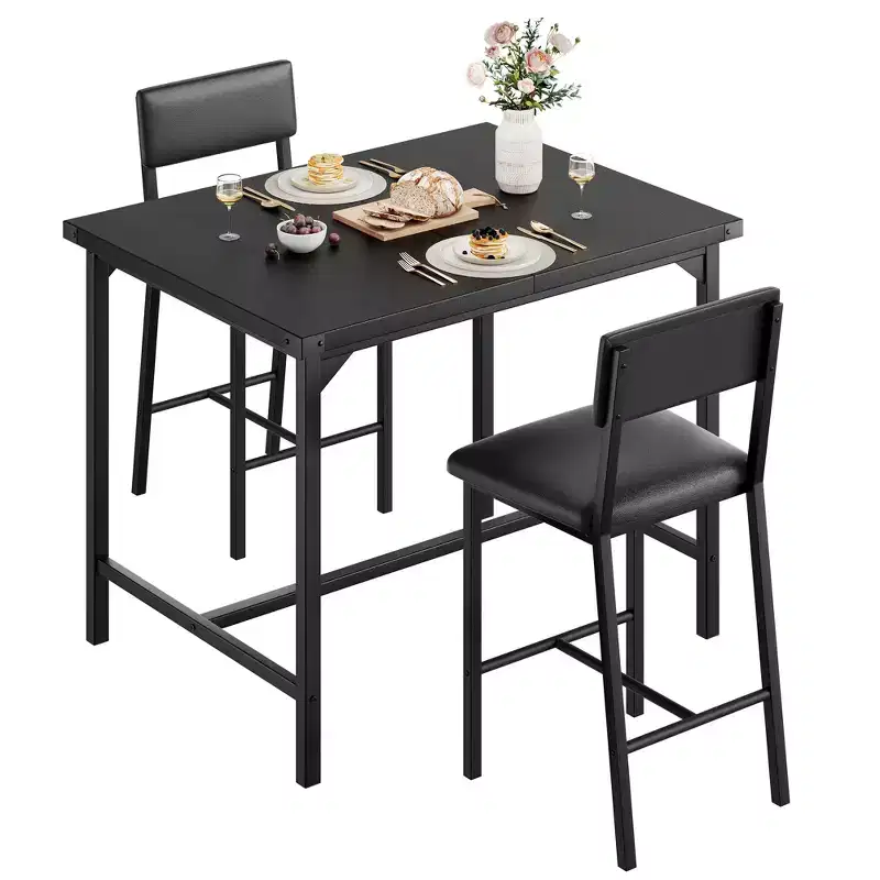 COZONY Counter Height Dining Table Set for 2 with 2 Upholstered Stools, Footrest & Backrest for Small Spaces