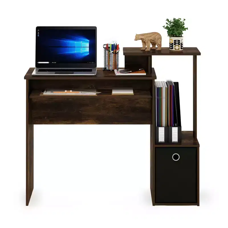 Multipurpose Computer Desk with Drawer & Keyboard Tray, Amber Pine/Black