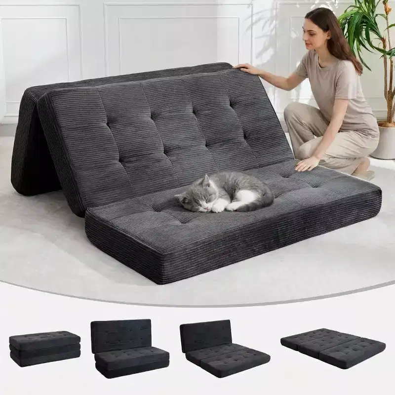 SunnyFurn 6 Inch Tri-Fold Mattress Sofa Bed, 75X54.3 Foam Folding Guest Bed with Tufted Corduroy, Portable for Camping, Living Room, Bedroom
