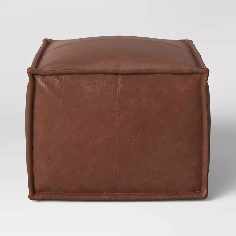 Faux Leather French Seam Square Ottoman, Caramel, Modern Footstool