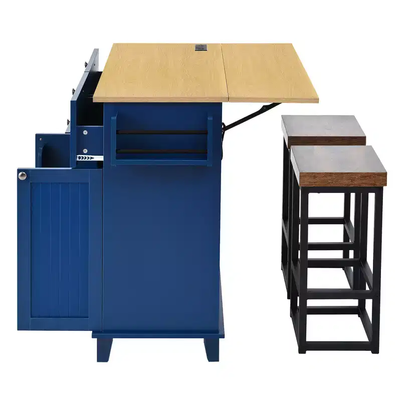 Farmhouse Kitchen Island with Drop Leaf, Drawers, Power Outlet and 2 Seats