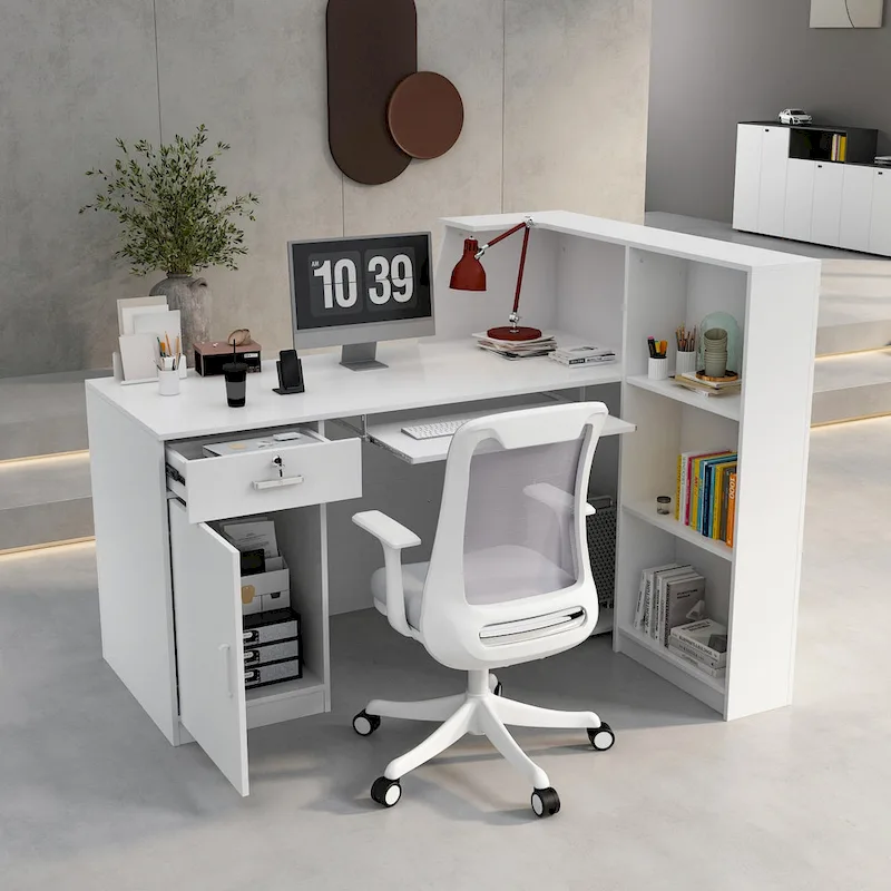 Timechee Reception Desk L-Shaped Counter w/ Lockable Storage, White