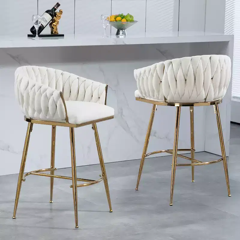 Okak 26 Inch Counter Stools with Velvet Upholstery, Hand-Wave Back Bar Stools with Golden Chromed Base and Footrest, for Kitchen Island, Home Bar
