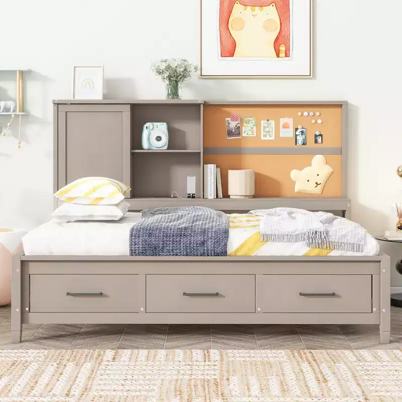 Whisen Twin Size Lounge Daybed with Storage Shelves, Cork Board, USB Ports and 3 Drawers