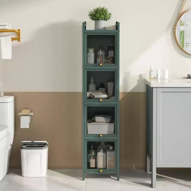 Black / Dark Green Iron Storage Cabinet with Glass Doors, 3-Tier / 4-Tier, for 1 Person Use