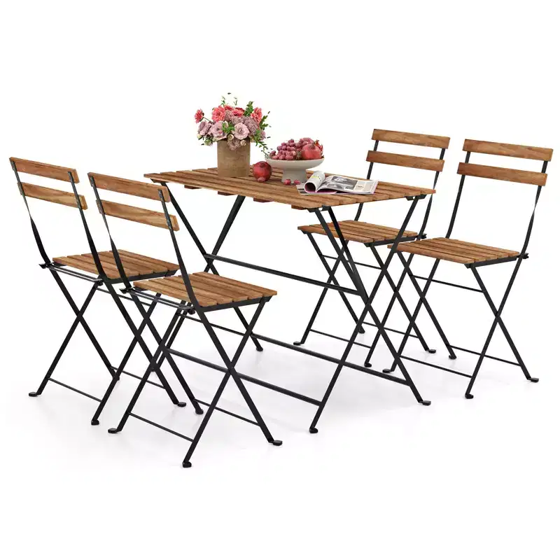 Gymax 5-Piece Patio Dining Set Acacia Wood w/ Foldable Chairs Featuring Slatted Seats & Tabletop Sturdy Metal Frames for Outdoor and Indoor