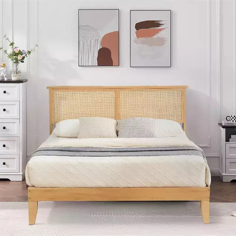 Twin Rattan Bed Frame, Boho Platform Bed with Natural Rattan Headboard & Underbed Storage, No Box Spring Needed
