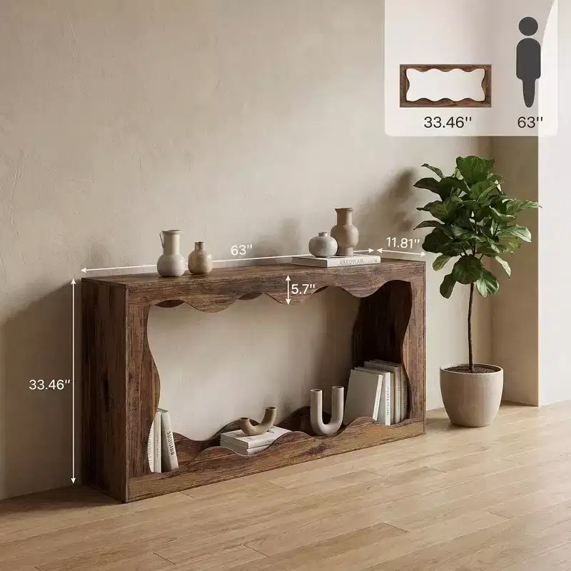Modern Industrial Farmhouse End Table with Wavy Design, 2-Tier Side Table for Living Room Entryway
