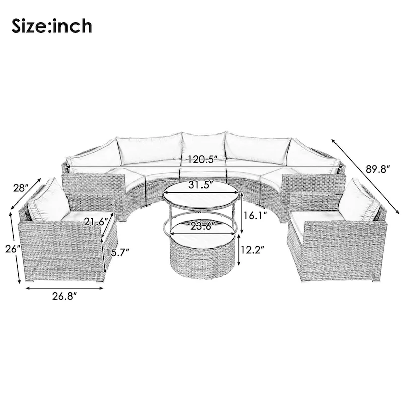 9-Piece Half-Moon Sectional Set with Nesting Table & Armchairs