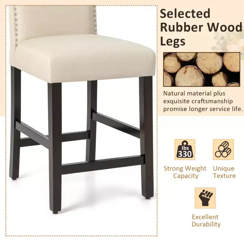 Costway Set of 2 Fabric Barstools Nail Head Trim Counter Height Dining Side Chairs Grey/Beige