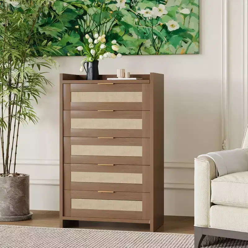 5 Drawer Dresser for Bedroom, Rattan Wood Chest of Drawers with Gold Handles, 45H Closet Dresser, Storage Dresser Organizer for Hallway