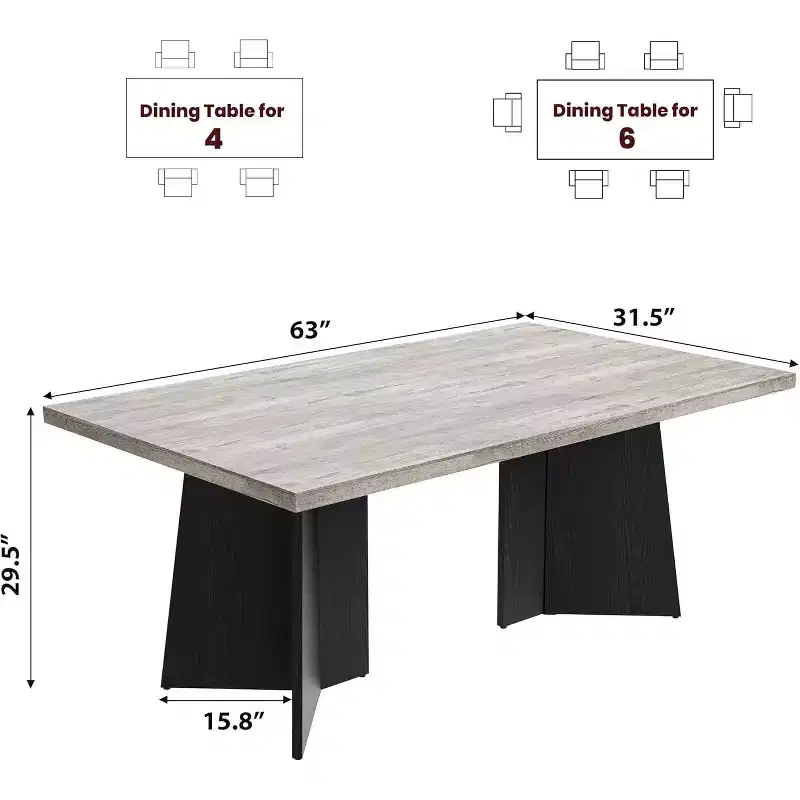 Acekool 63 Modern Farmhouse Dining Table for 6-8 with Black Metal Legs, for Kitchen, Dining Room & Office Use