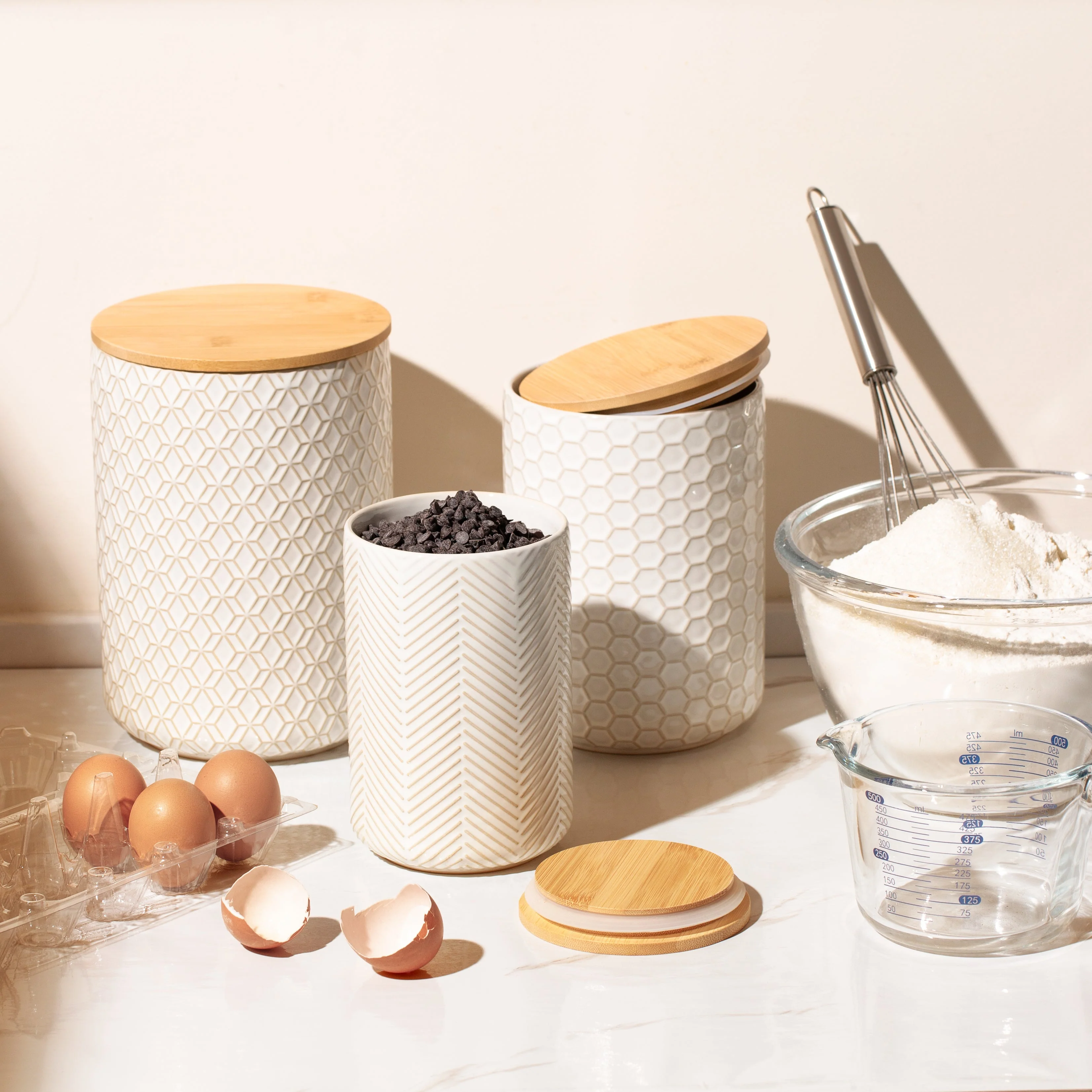 Embossed Ceramic Storage Containers, Set of 3, Ivory
