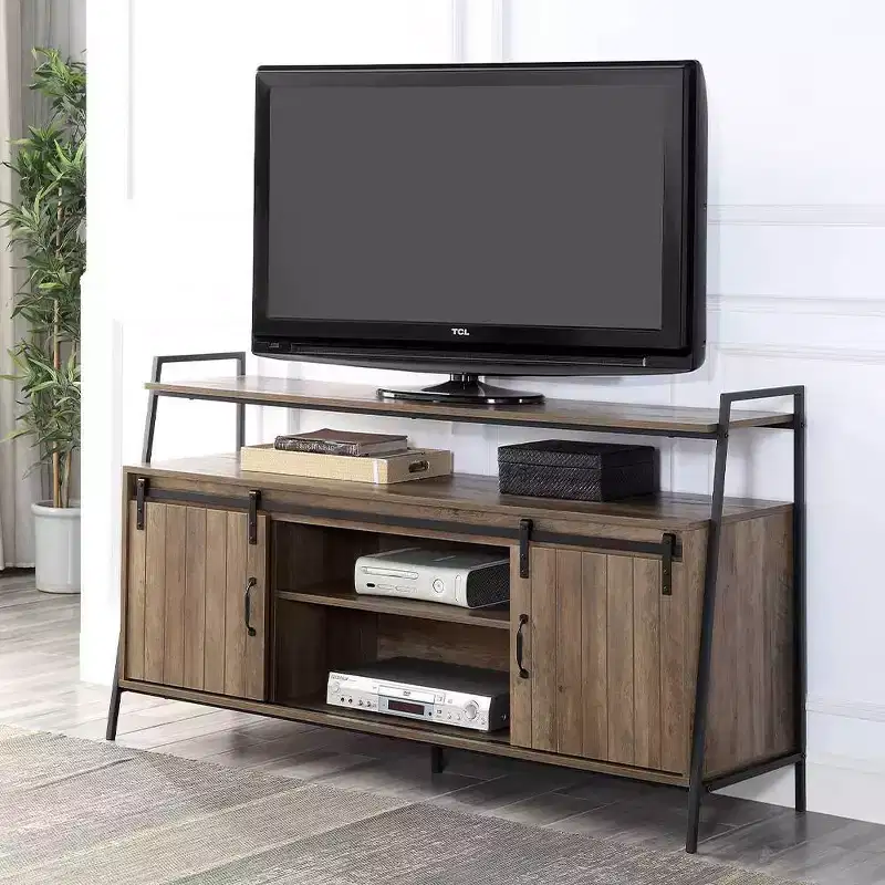 60" Rashawn TV Stand for TVs up to 58" Rustic Oak/Black Finish - Acme Furniture: Industrial Style with Sliding Barn Doors & Open Shelf