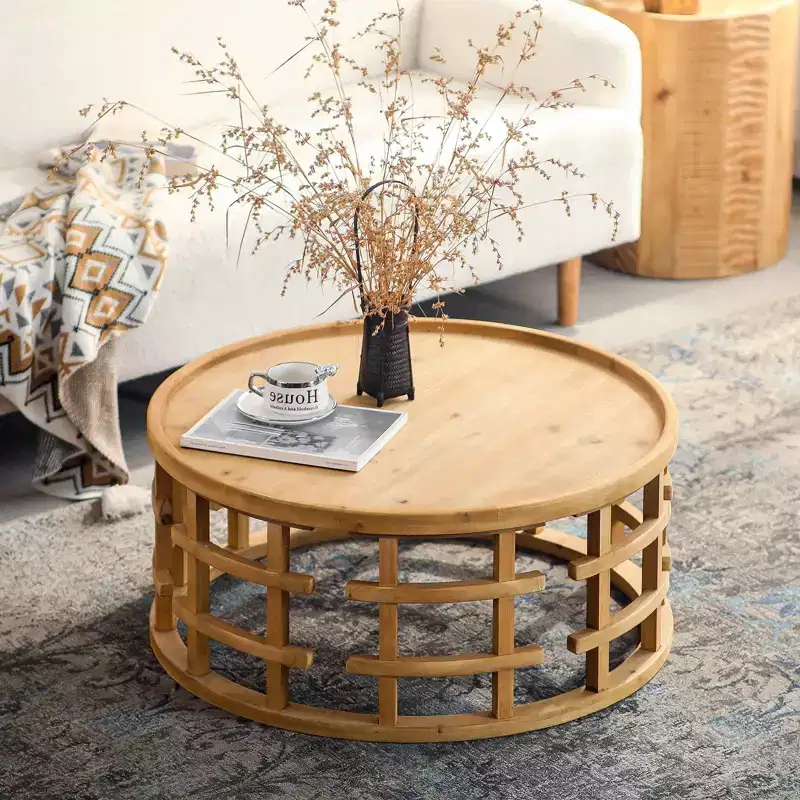GDFStudio Jovren 31.5 Rustic Wooden Round Coffee Table with Open-Frame Base