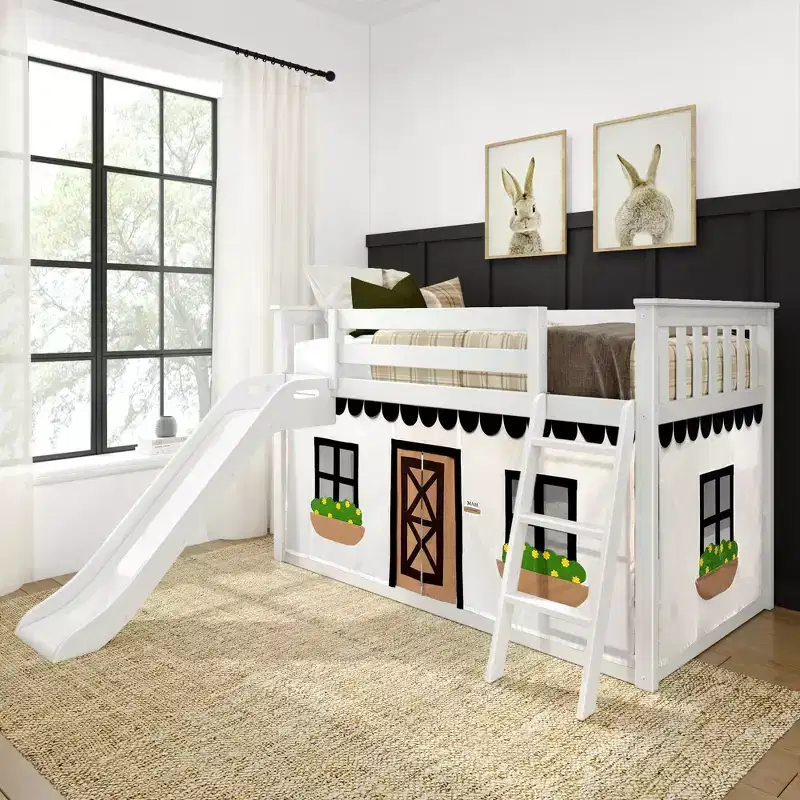 Twin Over Twin Low Bunk With Easy Slide & Black & White Farmhouse Curtain