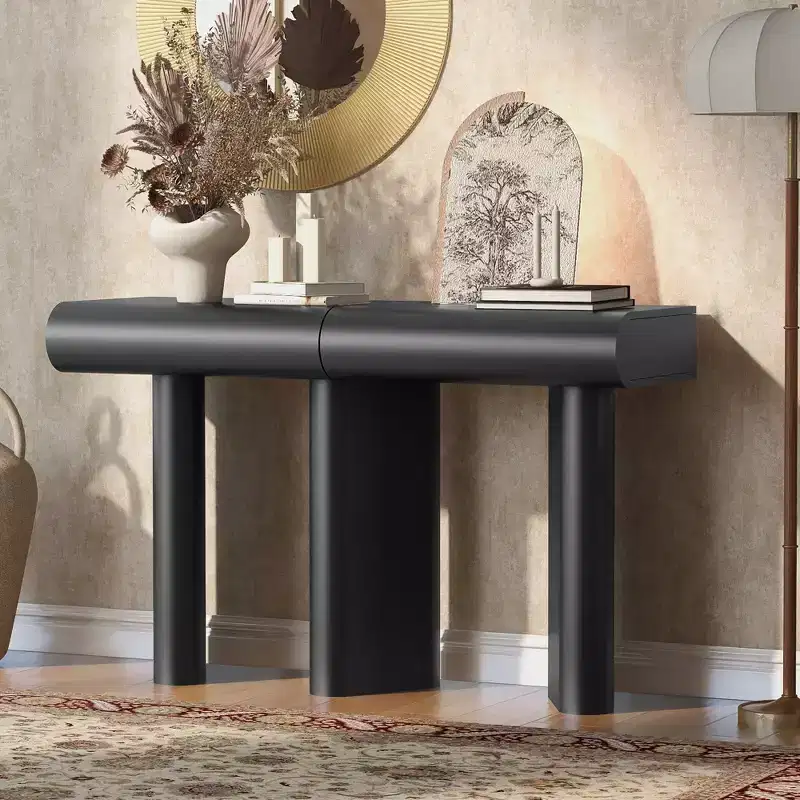 Modern Narrow Entryway Table with Curved Drawer & Geometric Leg, Space-Saving Sofa Table for Hallway Living Room Bedroom Small Apartments Foyer