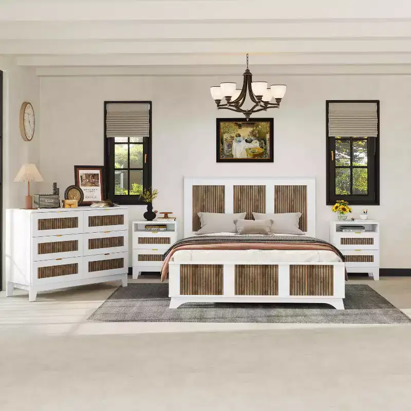 MAYEERTY 4 Pieces Bedroom Set, Queen Size Platform Bed with Wooden Strip Stickers Decor Storage Nightstand and Dresser Metal Handle for Bedroom White