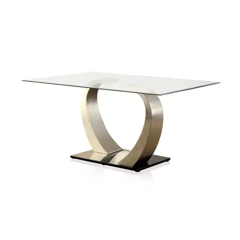  Glass Top Dining Table Silver/Black: Modern Pedestal Base, Seats 6, Satin Finish