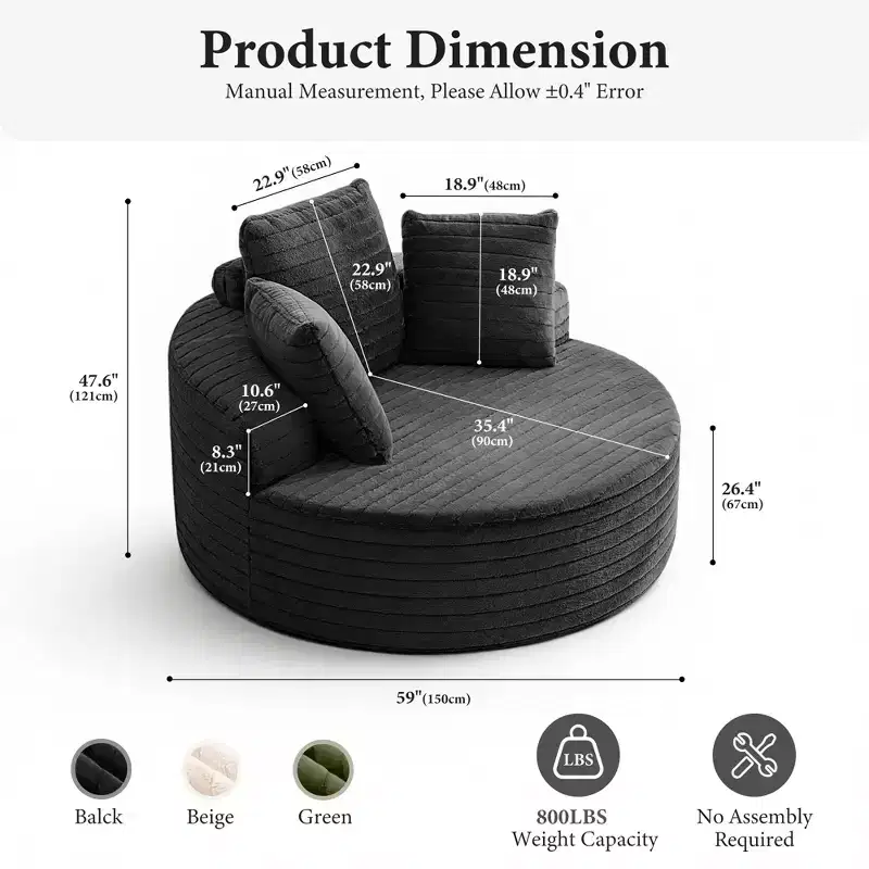 KERDOM Oversized Round Sofa Set Of 2, Single Cloud Floor Sofa Chair with Deep Seat, No Assembly Required, Black