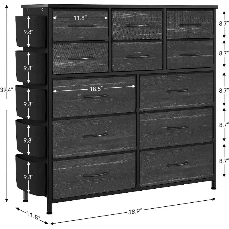39.4in Tall Dresser for Bedroom with 12 Drawers, Chest of Drawers with Side Pockets and Hooks, Sturdy Steel Frame, Wood Top, Easy Pull Handle