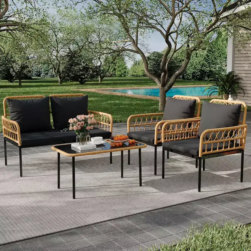 4 Piece Patio Conversation Sets, Wicker Outdoor Furniture Sets, 1 Loveseat & 2 Chairs & 1 Table, Boho Conversation Set for Patio, Black