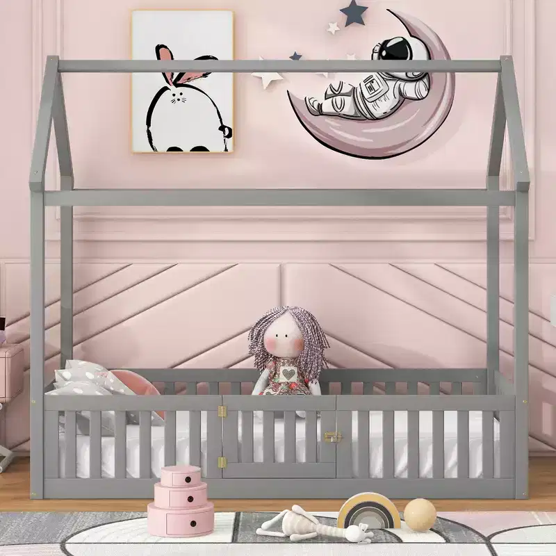 Floor House Bed for Kids, Wood Montessori Bed with Fence & Door, Full House Bed with Roof for Girls & Boys
