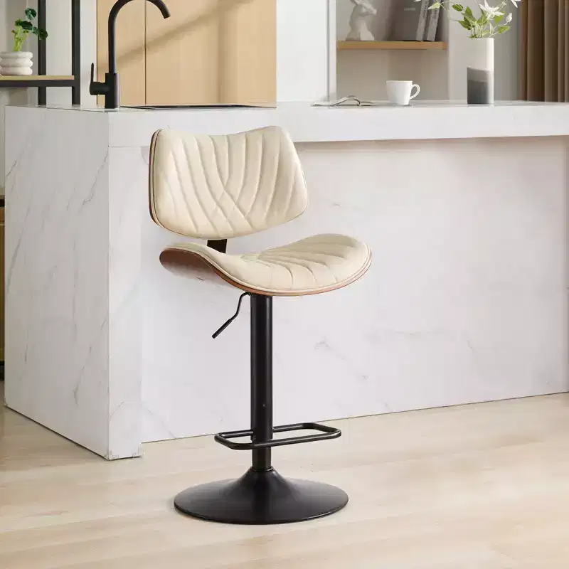 Set of 2 360 Swivel Bar Stool Height Adjustable Counter Stool Dining Chair Pub Kitchen Stool, Walnut+Black/Beige - ModernLuxe