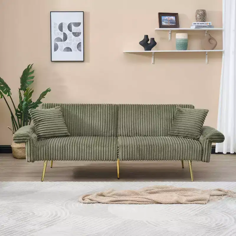 MAYEERTY Corduroy Sofa Foldable Double Sofa Bed with Folding Armrests Suitable for Living Room and Small Spaces Green