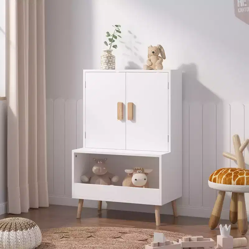 Kids Toy Storage Cabinet with Doors and Open Shelf, White Modern Wooden Organizer with Natural Wood Legs, Toddler Bookshelf for Playroom